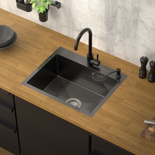 Lavello da cucina ML-Design con scarico a scomparsa e dispenser di sapone, antracite, in acciaio inox