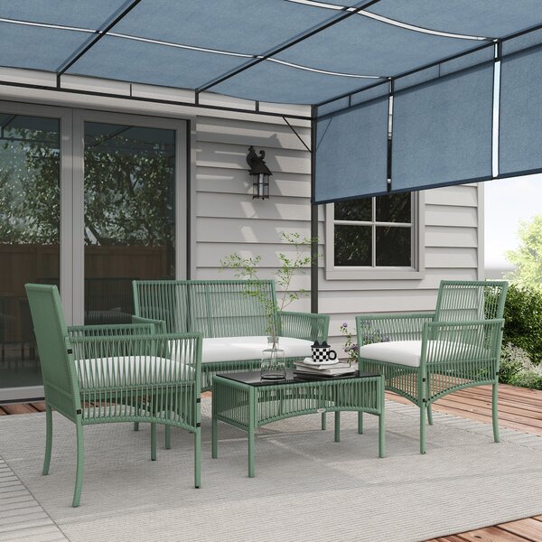 Set da Giardino Divano 2 Poltrone e Tavolino Piano in Vetro Verde