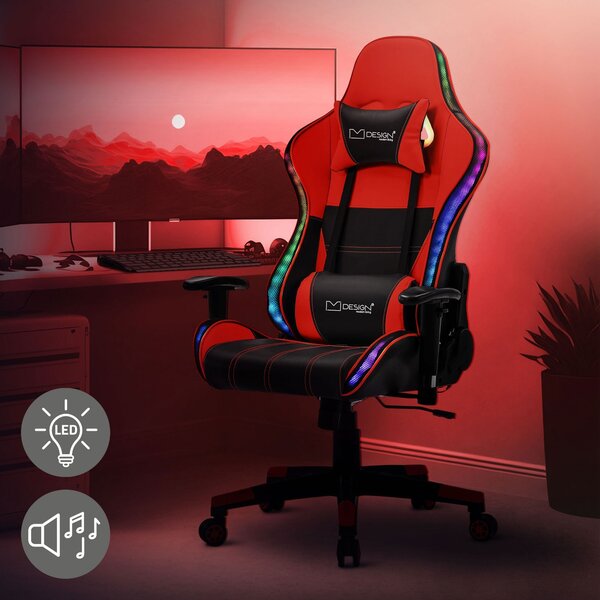 Sedia da gioco ML-Design con illuminazione LED RGB e altoparlanti Bluetooth, nero/rosso, sedia da ufficio ergonomica, schienale, poggiatesta, cuscino lombare