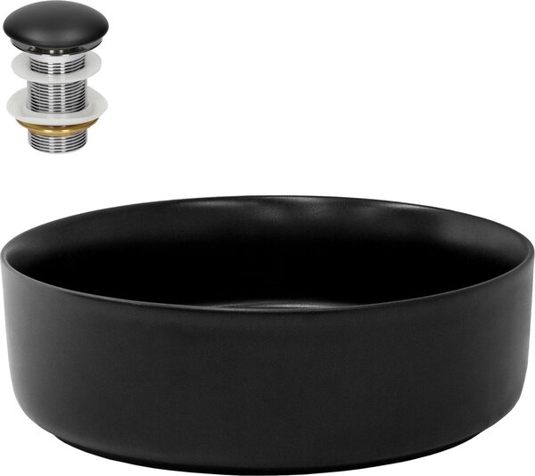 Lavabo LuxeBath Lavabo da appoggio rotondo, Ø 36x12 cm, nero, in Vetroceramica, incl. set di scarico senza troppopieno