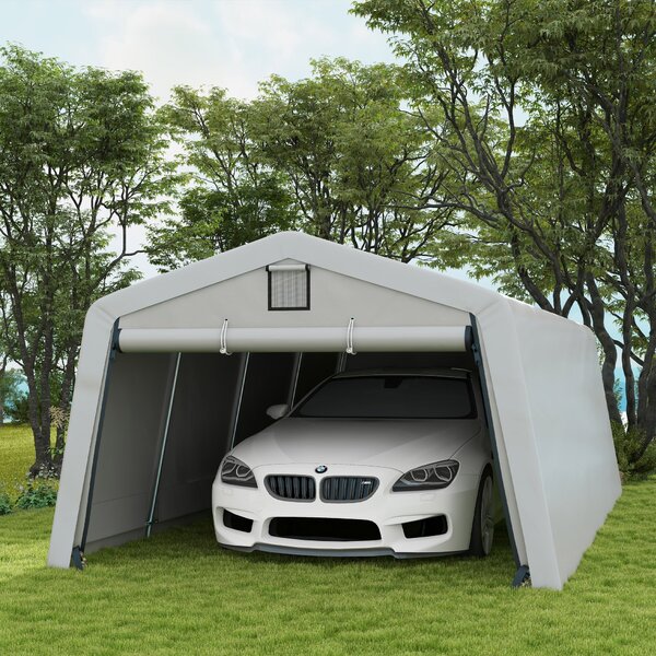 Tendone per Auto e Feste con 2 Finestre Laterali 618x265/330x240 cm in Acciaio Zincato e PE Grigio Chiaro