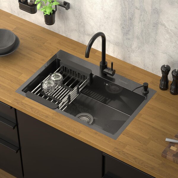 Lavello da cucina ML-Design con scarico a scomparsa e dispenser di sapone, antracite, in acciaio inox