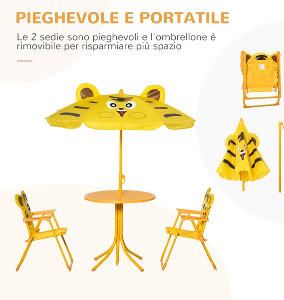 Outsunny Set da Giardino 4 Pezzi per Bambini con Tavolino Rotondo, 2 Sedie Pieghevoli e un Ombrellone Regolabile, Giallo | Aosom Italy