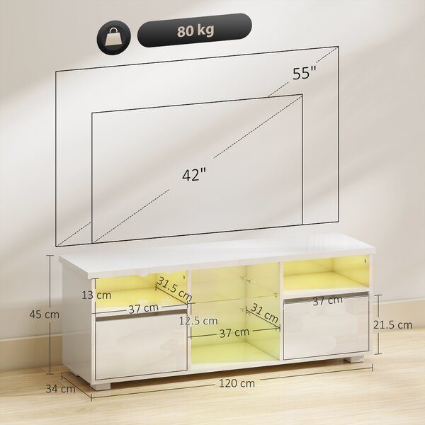 HOMCOM Mobile TV 120 cm, mobile televisivo per televisore fino a 55 pollici con illuminazione LED e telecomando, mensole in vetro bianco | Aosom Italy