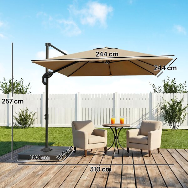 Outsunny Ombrellone a braccio quadrato, base e piastre di zavorra, asta in alluminio, protezione UPF50+, 2,4x2,4m, Kaki | Aosom Italy
