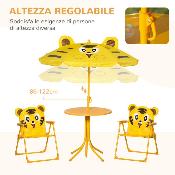 Outsunny Set da Giardino 4 Pezzi per Bambini con Tavolino Rotondo, 2 Sedie Pieghevoli e un Ombrellone Regolabile, Giallo | Aosom Italy