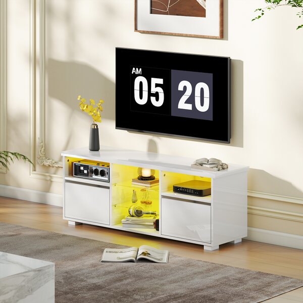 HOMCOM Mobile TV 120 cm, mobile televisivo per televisore fino a 55 pollici con illuminazione LED e telecomando, mensole in vetro bianco | Aosom Italy