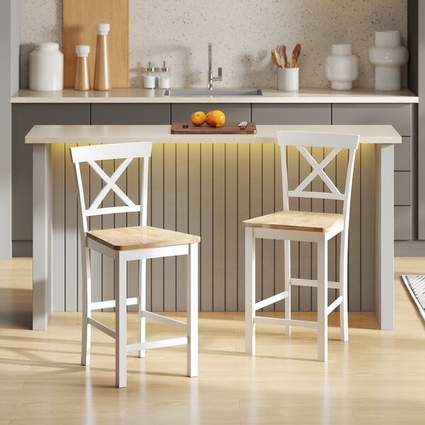 HOMCOM Set di 2 Sgabelli da Bar con Schienale e Poggiapiedi, Legno di Gomma, per Cucina, Sala da Pranzo, Bar, Rovere+Bianco | Aosom Italy