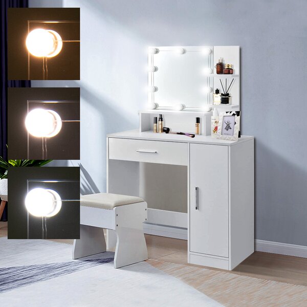 ML-Design tavolo da toilette bianco, tavolo da toilette con illuminazione a LED, specchio, 1 cassetto, 3 scomparti e armadietto, 90x38x137 cm, tavolo cosmetico in legno MDF