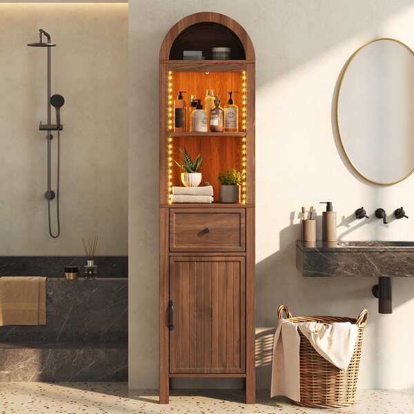 Mobile bagno autoportante, alto, con illuminazione a LED, cassetto e ante reversibili, dimensioni 40 x 30 x 163 cm, finitura effetto noce