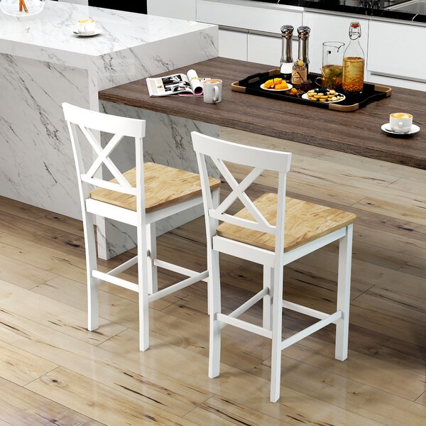 HOMCOM Set di 2 Sgabelli da Bar con Schienale e Poggiapiedi, Legno di Gomma, per Cucina, Sala da Pranzo, Bar, Rovere+Bianco | Aosom Italy