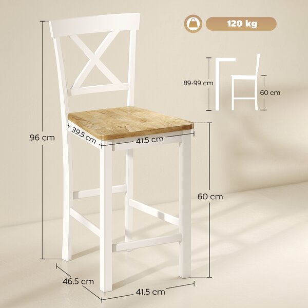 HOMCOM Set di 2 Sgabelli da Bar con Schienale e Poggiapiedi, Legno di Gomma, per Cucina, Sala da Pranzo, Bar, Rovere+Bianco | Aosom Italy