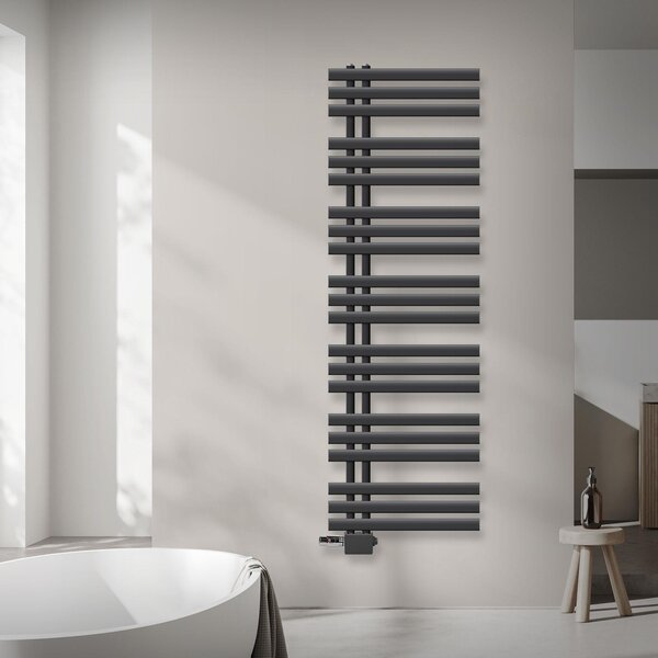 Radiatore da bagno LuxeBath Design, 500x1600 mm, antracite, set di collegamento termostatico universale ad angolo e passante, senza elemento riscaldante