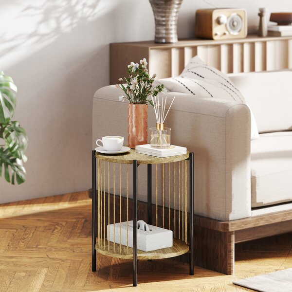 HOMCOM Tavolino Rotondo a 2 Livelli con Ripiano e Struttura in Acciaio per Soggiorno Camera da Letto 43,5x43,5x51 cm Naturale | Aosom Italy
