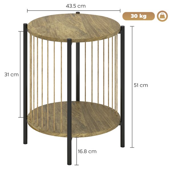 HOMCOM Tavolino Rotondo a 2 Livelli con Ripiano e Struttura in Acciaio per Soggiorno Camera da Letto 43,5x43,5x51 cm Naturale | Aosom Italy