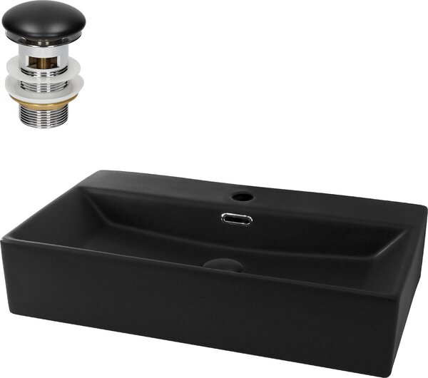 LuxeBath Lavabo da appoggio Square, 60,5x36,5x13 cm, nero, in Vetroceramica, incl. set di scarico con troppopieno