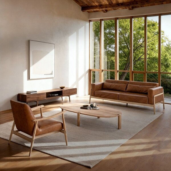 Divano in pelle di bufalo marrone cognac con struttura in rovere massiccio , 240 cm Fawn - Gazzda