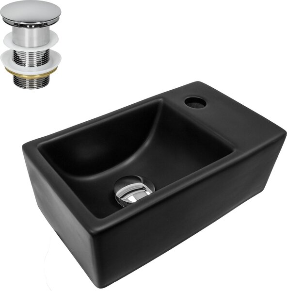 LuxeBath Lavabo da appoggio Square, 35,5x20,5x12,5 cm, nero opaco, in Vetroceramica, incl. set di scarico senza troppopieno