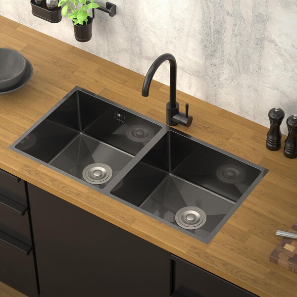 ML-Design lavello doppio con set di scarico e troppopieno, antracite, acciaio inox