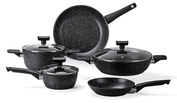 Batteria di Pentole 8 Pezzi Antiaderente Induzione in Alluminio Effetto Pietra Moneta Magnolia Stone Black