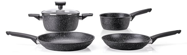 Batteria di Pentole 5 Pezzi Antiaderente Induzione in Alluminio Effetto Pietra Moneta Magnolia Stone Black