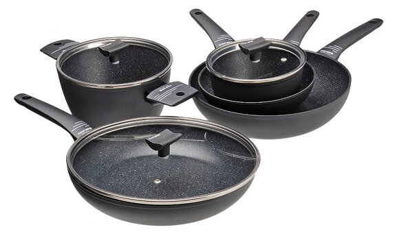 Batteria di Pentole 8 Pezzi Antiaderente Induzione in Alluminio Effetto Pietra Moneta Yes (Zeus 2.0)