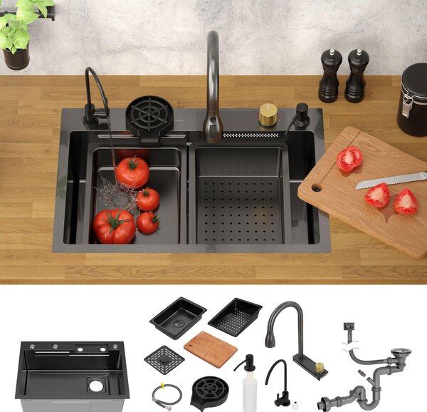 Lavello ML-Design in acciaio inox, antracite, con rubinetto estraibile
