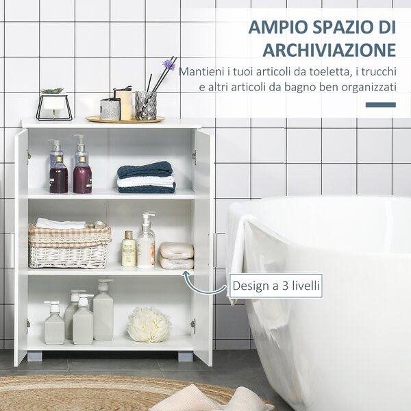 Kleankin Mobile Bagno Moderno con 2 Ante, 2 Ripiani Regolabili e Maniglie Argentate, 60x30x80 cm, Bianco | Aosom Italy