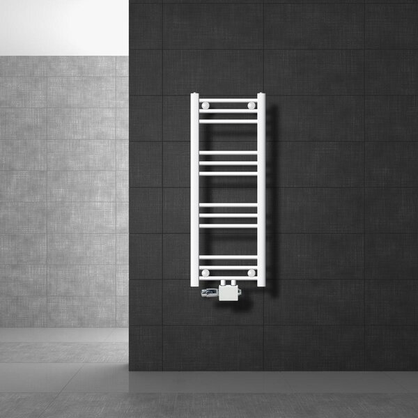 LuxeBath Radiatore da bagno attacco centrale 300 x 800 mm Bianco diritto con termostato e set di collegamento Angolo universale e diritto passante, senza elemento riscaldante