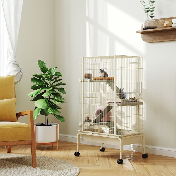 PawHut Gabbia per piccoli animali, Gabbia per animali domestici con 4 piani, ciotola per il cibo, bottiglia d'acqua, 88 x 48 x 150,5 cm, Beige | Aosom Italy