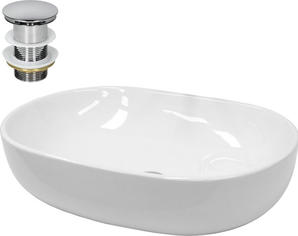 Lavabo LuxeBath Lavabo da appoggio ovale, 60x42x14,5 cm, bianco, in Vetroceramica, incl. set di scarico senza troppopieno