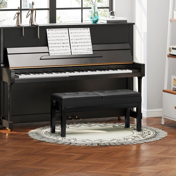 HOMCOM Panca per pianoforte, Pelle sintetica, sedile doppio regolabile, vano contenitore, Nero
