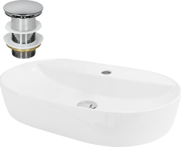 Lavabo LuxeBath Lavabo da appoggio ovale, 60x40x12 cm, bianco, in Vetroceramica, incl. set di scarico senza troppopieno