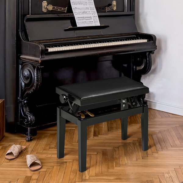 HOMCOM Panca per pianoforte, sgabello per pianoforte, regolabile in altezza, elegante in pelle sintetica+legno di gomma, nero, 63 x 33 x 56cm | Aosom Italy