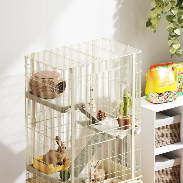 PawHut Gabbia per piccoli animali, Gabbia per animali domestici con 4 piani, ciotola per il cibo, bottiglia d'acqua, 88 x 48 x 150,5 cm, Beige | Aosom Italy
