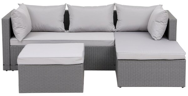 Set Salotto Divano da Giardino con Pouf Contenitore in Polyrattan Grigio Chiaro
