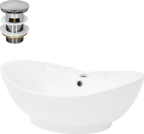 Lavabo LuxeBath Lavabo da appoggio ovale, 59x39,5x20,5 cm, bianco, Vetroceramica, incl. set di scarico con troppopieno