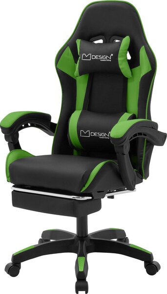 ML-Design sedia da gioco con poggiapiedi, Pelle finta nero-verde, sedia da ufficio ergonomica con bracciolo poggiatesta cuscino lombare, sedia girevole regolabile