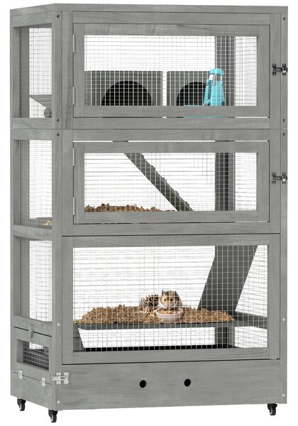 PawHut Gabbia per criceti in legno a quattro piani, con casa, altalena, ciotole per il mangime, rampe, ruote, 65 x 45 x 109 cm, Grigio | Aosom Italy