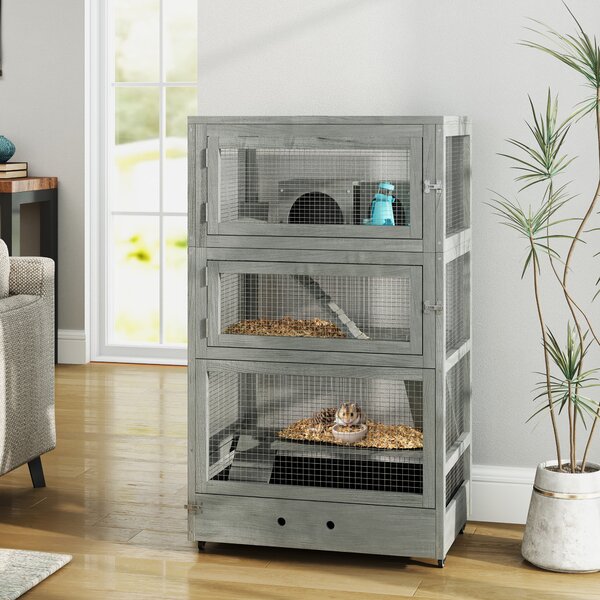PawHut Gabbia per criceti in legno a quattro piani, con casa, altalena, ciotole per il mangime, rampe, ruote, 65 x 45 x 109 cm, Grigio | Aosom Italy