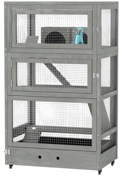 PawHut Gabbia per criceti in legno a quattro piani, con casa, altalena, ciotole per il mangime, rampe, ruote, 65 x 45 x 109 cm, Grigio | Aosom Italy