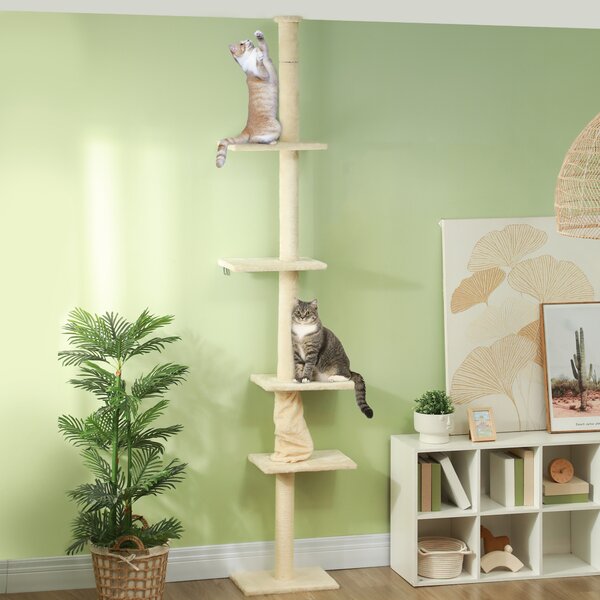 PawHut Albero per Gatti, altezza regolabile da 225-275 cm, base stabile, set anti-ribaltamento, copertura in peluche, Crema | Aosom Italy