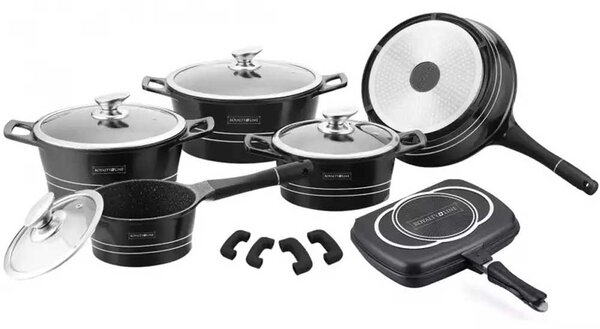 Batteria di Pentole 15 Pezzi in Pietra Lavica Professionale Antiaderente Nero Black