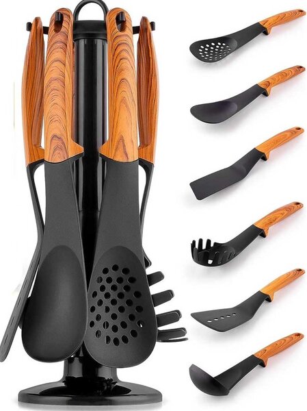 Set 6 Mestoli da Cucina per Uso Alimentare Resistenti al Calore con Supporto Legno