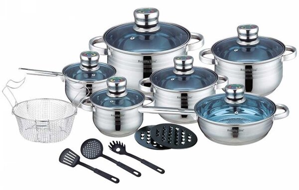 Batteria di Pentole 18 Pezzi in Acciaio Inox Antiaderente con Coperchio in Vetro