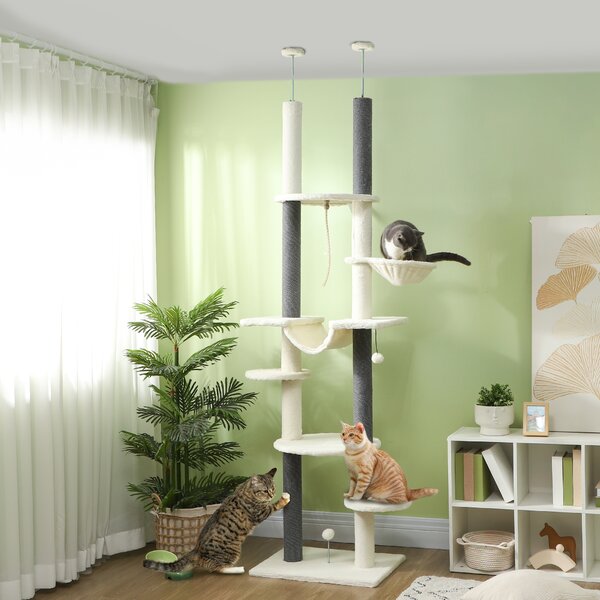 PawHut Albero tiragraffi, a soffitto alto, regolabile 225-255 cm, piattaforme & Amache, Dispositivo Anti-Ribaltamento, Bianco | Aosom Italy