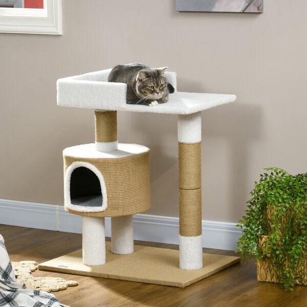 PawHut Albero tiragraffi Albero per gatti Tana per gatti, 1 Tana per gatti, 1 Lettiera, 70 cm x 49 cm x 79 cm, Naturale + Bianco | Aosom Italy