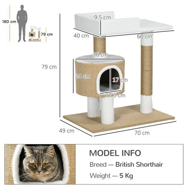 PawHut Albero tiragraffi Albero per gatti Tana per gatti, 1 Tana per gatti, 1 Lettiera, 70 cm x 49 cm x 79 cm, Naturale + Bianco | Aosom Italy