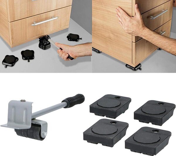 Set Ruote Sposta Mobili Pesanti con Asta Cambio Sollevamento Divano Tavolo Kinzo