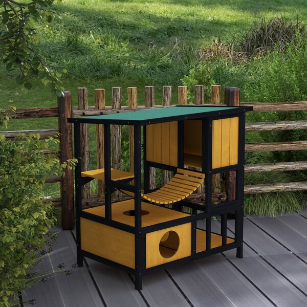 PawHut Casa per gatti Casetta per gatti Tana per gatti, resistente alle intemperie, con 1 rampa, 1 piattaforma, 84,5 x 60 x 88 cm, Verde + Naturale | Aosom Italy
